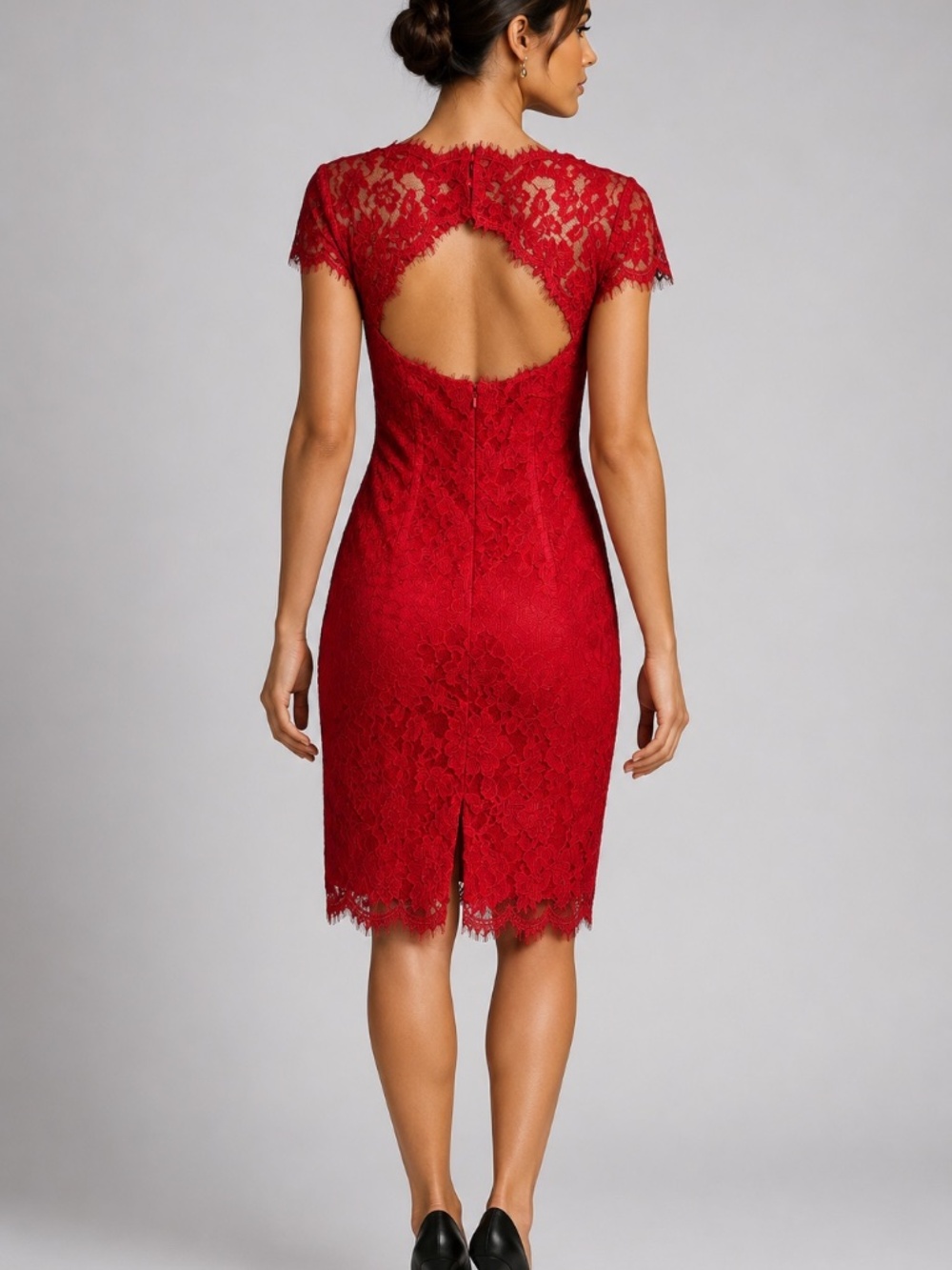 ML Monique Lhuillier Red Lace Open Back Bow Midi Dress Size 0
